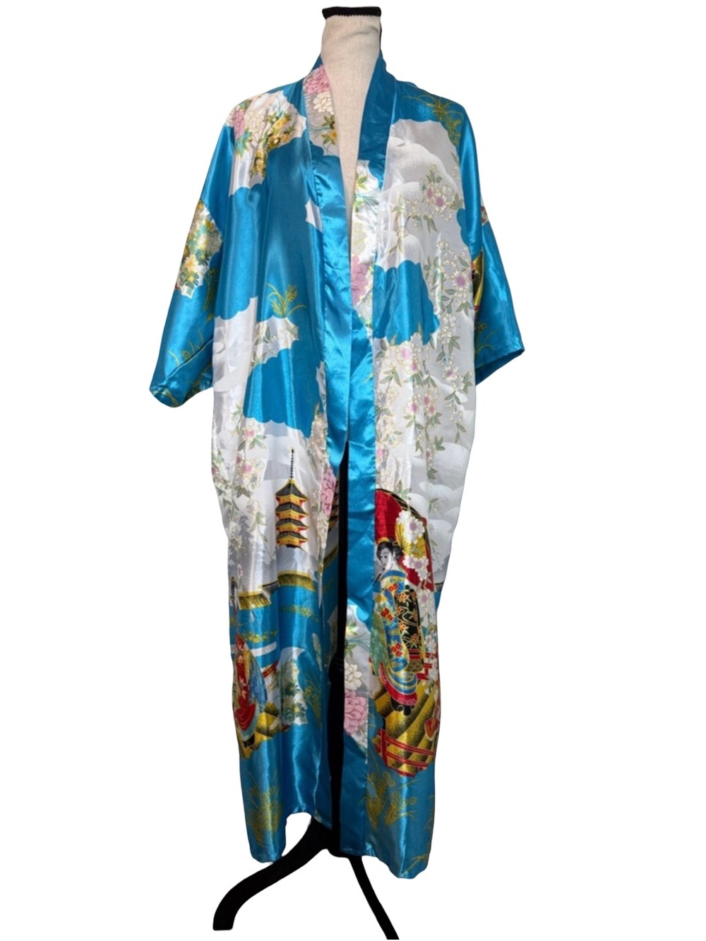 Kimono Robe Womens One Size Blue Satin Floral Japanese Print Long Duster NO BELT